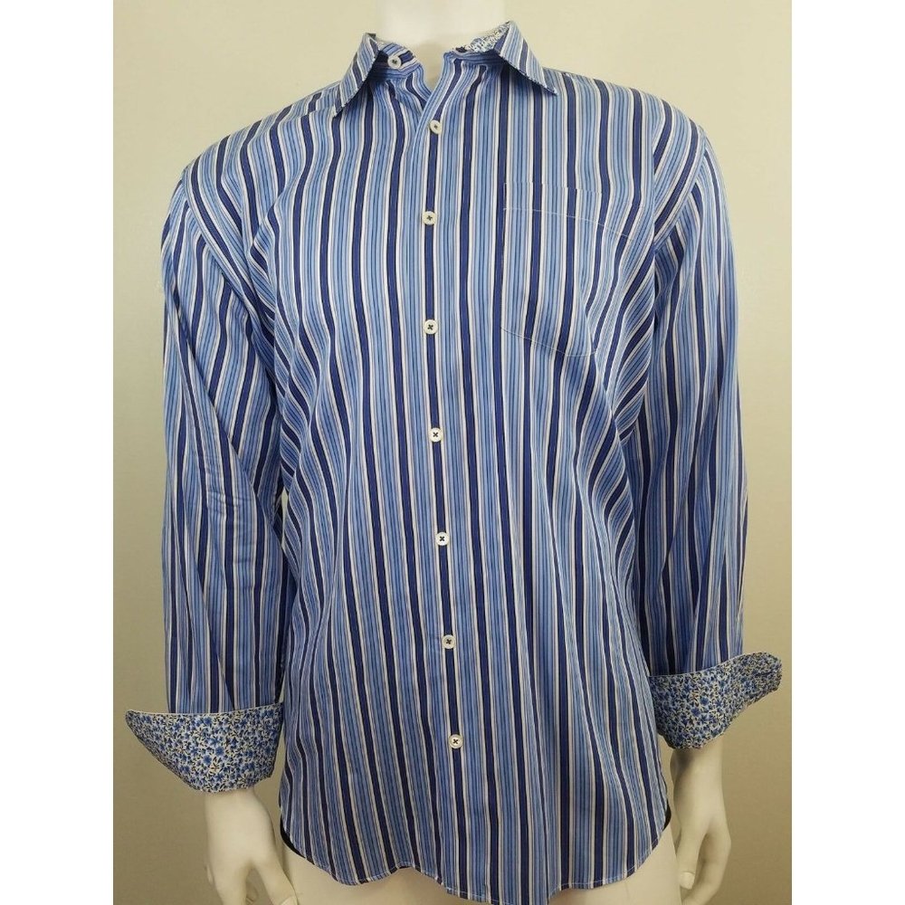 Bugatchi Uomo Shirt XL Blue Classic Fit Button Down Long Sleeve Striped